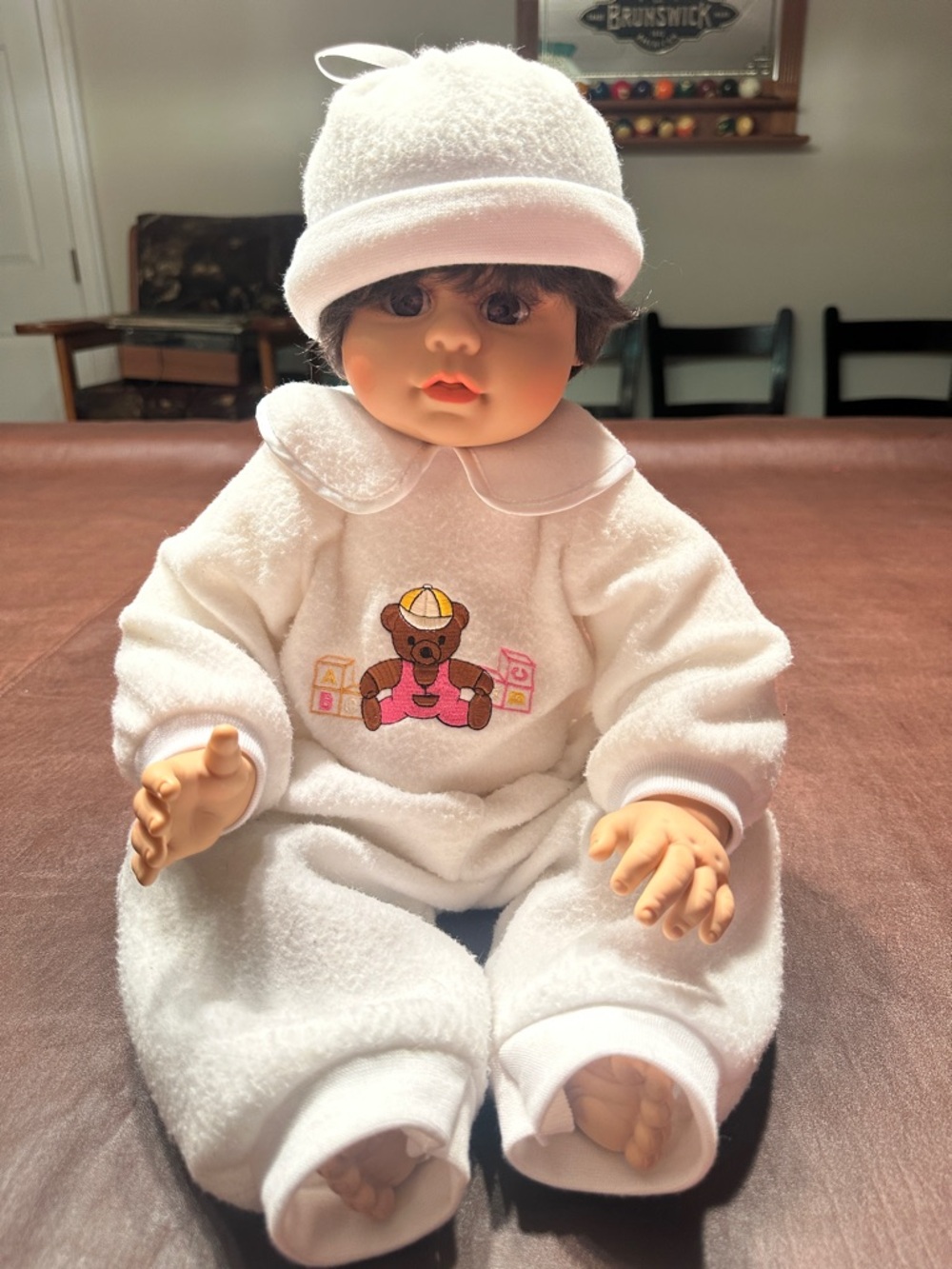Plush White Baby Doll Outfit with Teddy Embroidery